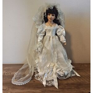 Show Stoppers Porcelain Bride Doll 19in White Lace Satin Brunette Wedding Gown